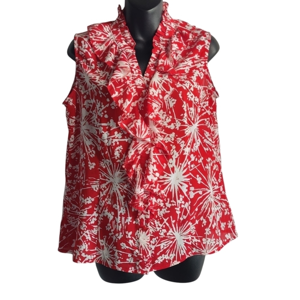Relativity Blouse Women's Red White Floral Ruffle Sleeveless Top Blouse Size PL